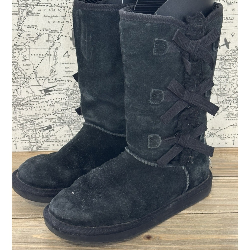 Koolaburra Tall Bow Boots Suede Fleece Lined Girls Size 1 Black Excellent
